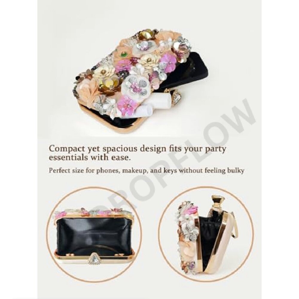 Elegant Floral Clutch Purse Convertible Chain Evening Bag Formal Event - Picture 5 of 8